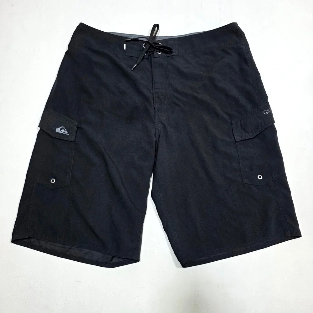 Quiksilver Boardshorts Mens 34 Black Cargo Pocket Recycled Swim Trunks Surfwear